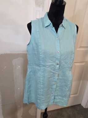 J.Jill Love Linen Sleeveless Button-Front Collared Tunic Top  Aqua Breezy Flowy